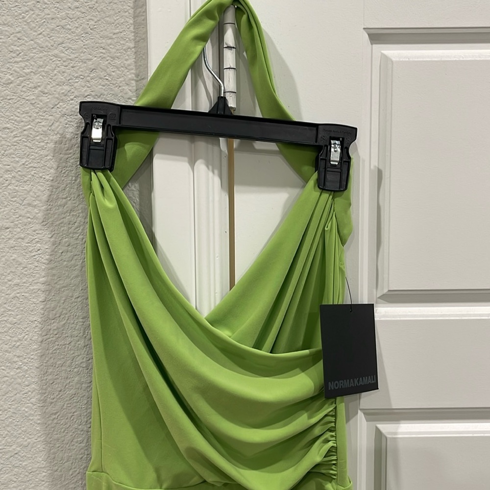 Norma Kamali Neon Lime Ruched Asymmetrical Halter Dress - Picture 3 of 11